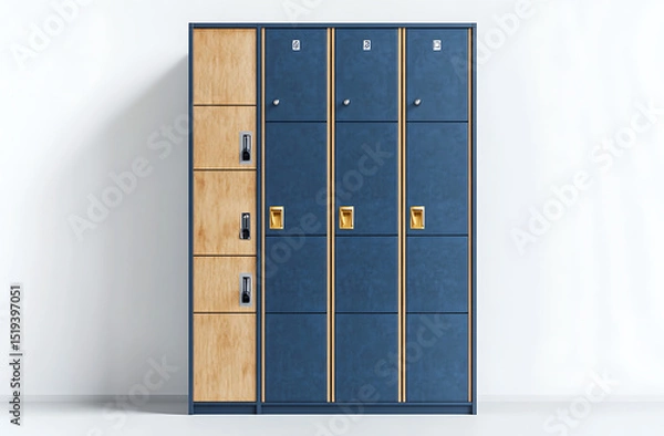 Fototapeta Blue high school lockers with golden locks. The background is plain and flat, providing space for text or images. 