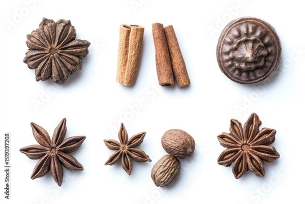 Fototapeta Arrangement of warm, aromatic spices including star anise, cinnamon sticks, and nutmeg on a white