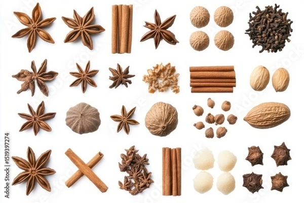 Fototapeta Aromatic holiday spices arranged on white background evokes warm feelings of baking season and