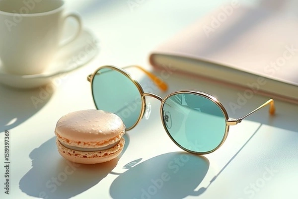 Fototapeta Pastel macarons, teal-tinted sunglasses, and a notebook rest by a warm cup on a bright table.