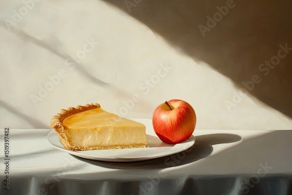 Fototapeta Still life features a slice of golden pie and a red apple, presented in soft, diffused light on a