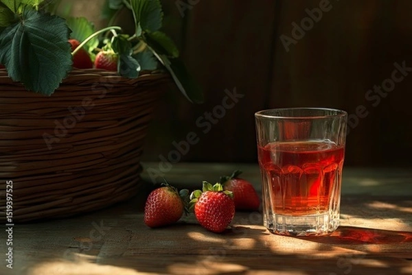 Fototapeta A still life of fresh strawberries, a woven basket and a glass of strawberry juice in chiaroscuro