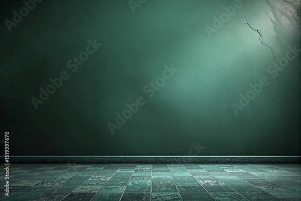 Fototapeta Empty green textured wall with cracked surface and vintage tiled floor.