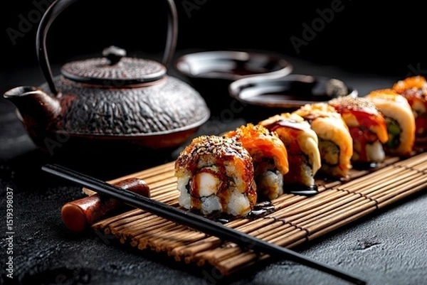 Fototapeta Elegantly presented sushi rolls line a bamboo mat alongside a rustic teapot with dark, moody