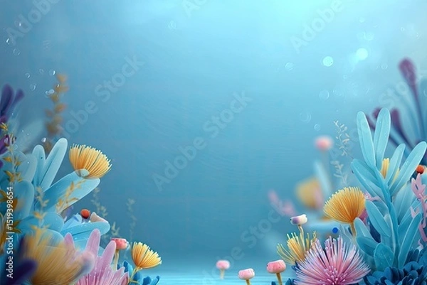 Fototapeta A dreamy, whimsical underwater scene showcasing colorful stylized coral and flora in soft, diffused