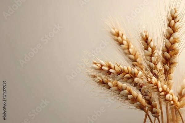 Fototapeta Golden wheat stalks are presented in a warm, inviting still life composition with ample copy space.