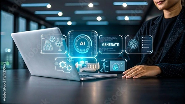 Obraz Business professional using AI technology on laptop with digital interface showing artificial intelligence and automation icons in modern office

