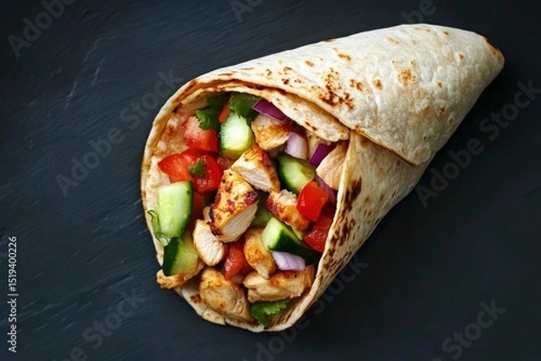 Fototapeta Overhead shot of a delicious chicken wrap filled with fresh vegetables and savory ingredients,