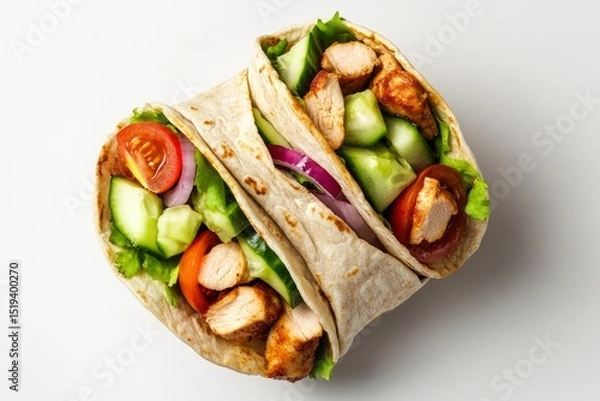 Fototapeta Close-up showcases two appetizing wraps filled with grilled meat and fresh vegetables, presented on
