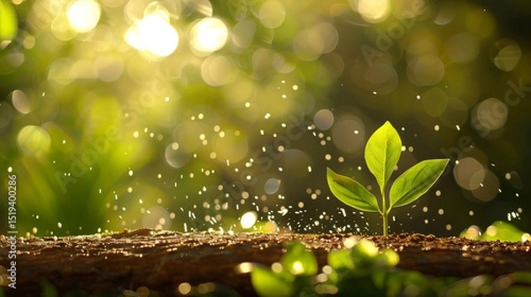 Obraz Young plant sprouting from soil, surrounded by sparkling droplets of water, symbolizes growth and renewal in lush, vibrant environment