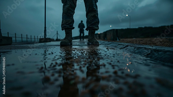 Obraz Soldier stands on wet pathway, reflecting cloudy sky and distant figures walking. scene evokes sense of solitude and contemplation