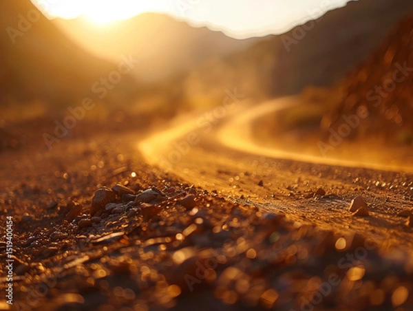 Obraz Winding trail through rugged landscape at sunset, with warm golden hues illuminating dust and stones along path