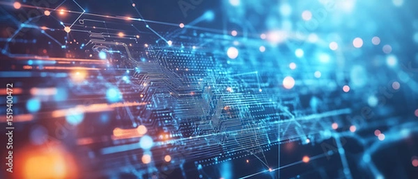 Obraz Blue background with digital technology and circuit board patterns, representing advanced data analysis in the financial industry. 