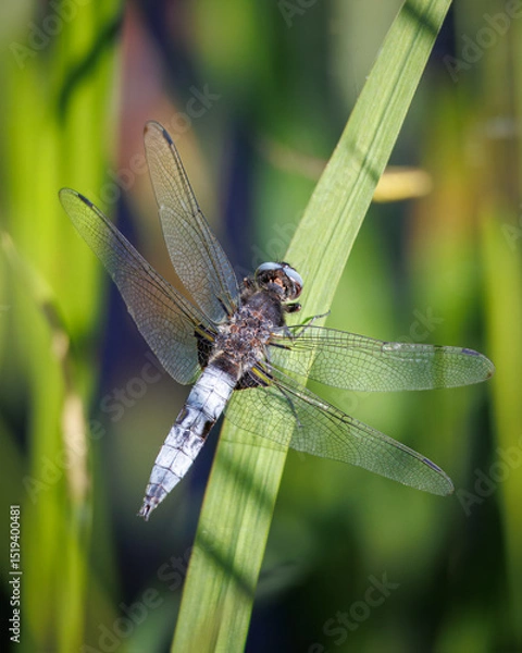 Obraz The Broad-bodied Chaser in Latin called libellula depresa, on a leaf near a ditch on a warm sunny spring day in the Netherlands