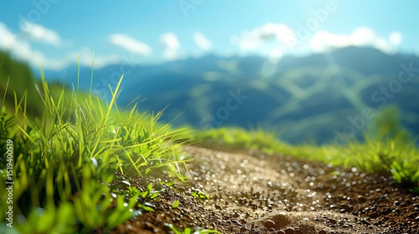 Obraz Serene trail surrounded by lush green grass leads into distant mountains, evoking sense of adventure and tranquility