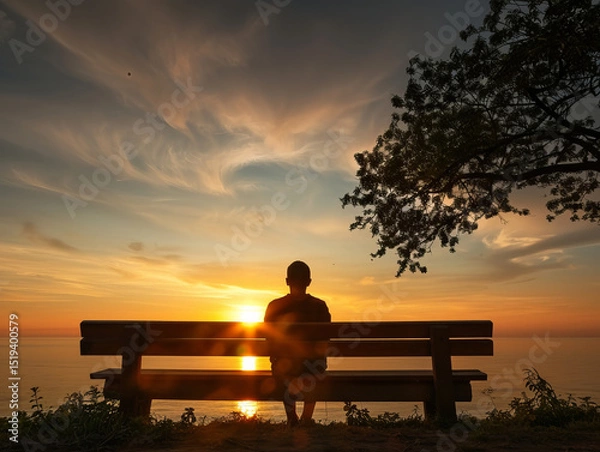 Obraz Person sitting on bench at scenic outlook, enjoying tranquil sunset over ocean, surrounded by nature beauty