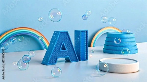 Fototapeta Whimsical AI concept with 3D blue letters, soap bubbles, rainbows, and abstract shapes on pastel background

