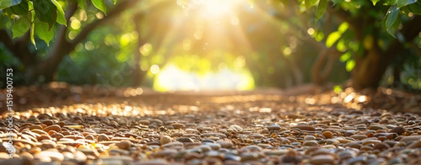 Fototapeta Serene path of pebbles under trees, illuminated by soft sunlight, creates tranquil atmosphere in nature