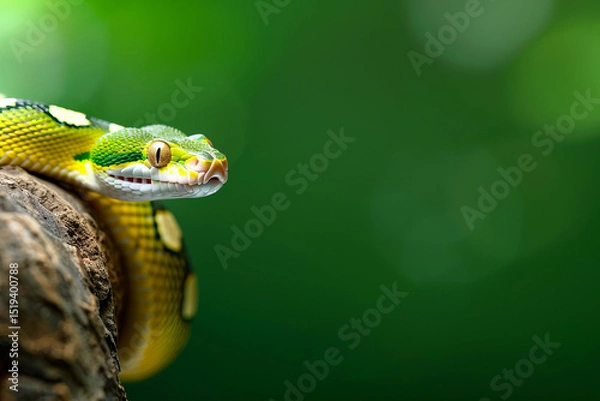 Fototapeta Vibrant green snake with yellow spots rests branch, showcasing its unique patterns against blurred green background. image captures snake