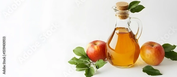 Fototapeta A clear glass bottle filled with apple cider vinegar next to two apples and green leaves on a white surface