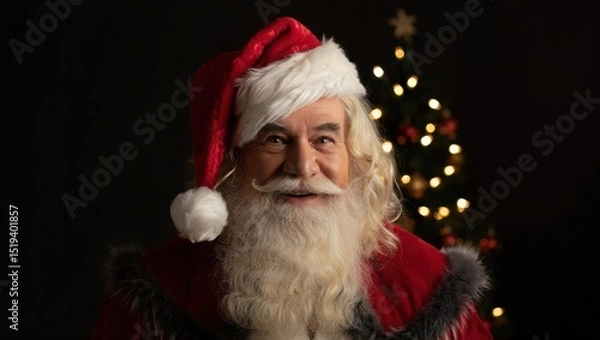 Fototapeta Smiling elderly man dressed as Santa Claus with white beard and red hat, Christmas tree with lights in the background, warm and joyful festive atmosphere