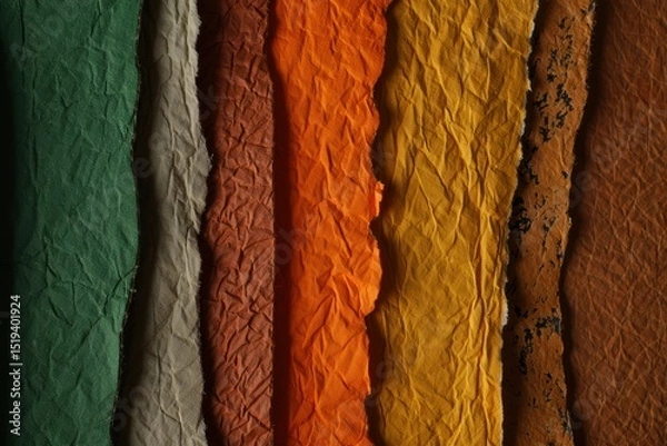 Fototapeta Close-up of multiple torn, crumpled textured paper sheets in vertical strips displaying a variety of earthy and warm colors