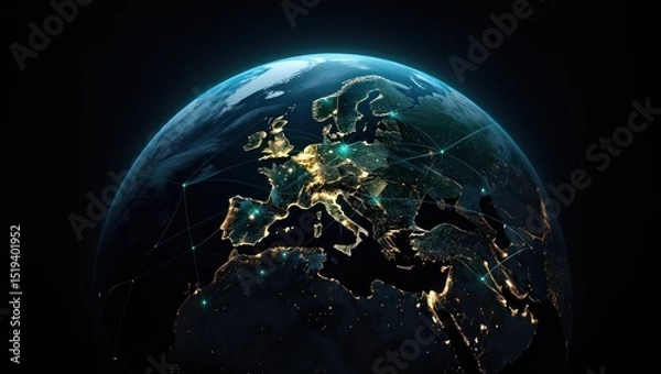 Fototapeta Digital visualization of Earth focusing on Europe, North Africa, and parts of the Middle East, showing illuminated cities and interconnected network lines at night conveying global connectivity