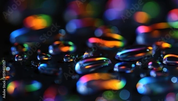 Fototapeta Close-up of water droplets reflecting vibrant multicolored lights on a dark surface creating a dreamy and abstract atmosphere