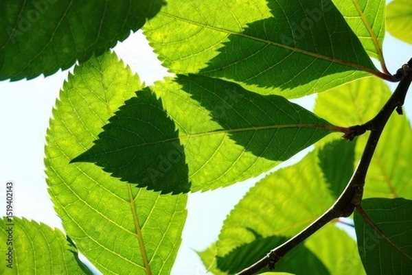 Fototapeta Close-up view of fresh green leaves on branches with sunlight shining through revealing leaf veins and details