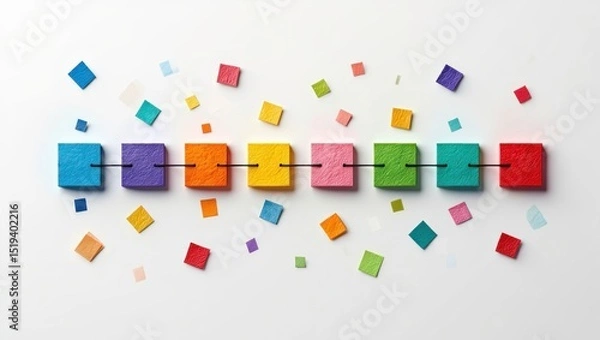 Fototapeta Colorful textured square tiles arranged in a row connected by a black line with smaller scattered squares around on a white background, evoking creativity and organization