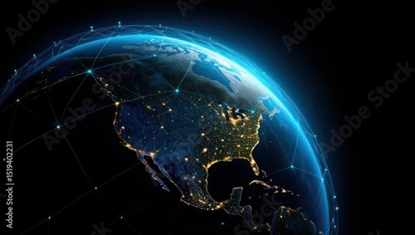 Fototapeta Digital network connections glowing over the United States and surrounding regions seen from space with illuminated city lights on Earth at night