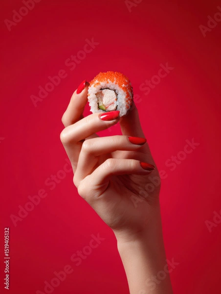 Obraz Hand holding sushi against a vibrant red background, studio shot with beautiful lighting and balanced composition, perfect for a striking poster or food advertisement.