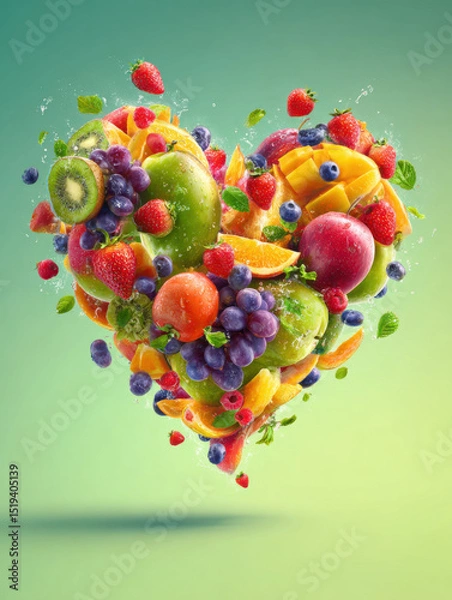 Obraz Colorful fruits like strawberries, blueberries, kiwis, oranges, pineapples, grapes, apples, and mangoes float mid-air, forming a heart. Fresh, vibrant perfect for health branding.