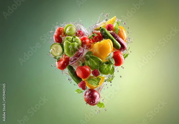 Obraz Fresh fruits and vegetables float mid-air, forming a heart shape. Bright, fresh, and vibrant against a green background. Ideal for wellness or organic brand advertising.