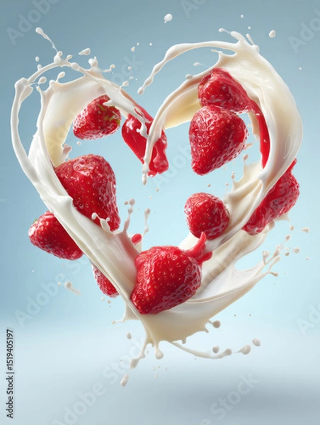 Obraz Juicy strawberries and milk splashes swirl mid-air into a heart shape. Clean pastel background, soft lighting, romantic, fresh, polished perfect for fruit or dairy advertising.