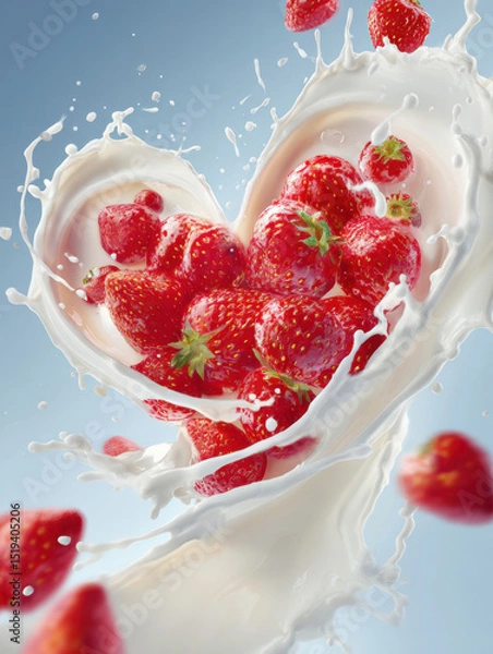 Obraz Juicy strawberries and milk splashes swirl mid-air into a heart shape. Clean pastel background, soft lighting, romantic, fresh, polished perfect for fruit or dairy advertising.