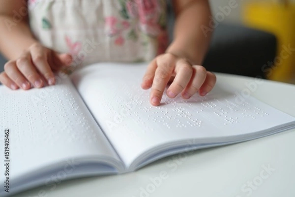 Fototapeta Close-up of a child's hands reading braille text on an open white book, with a blurred background showing the child's floral shirt and indoor setting