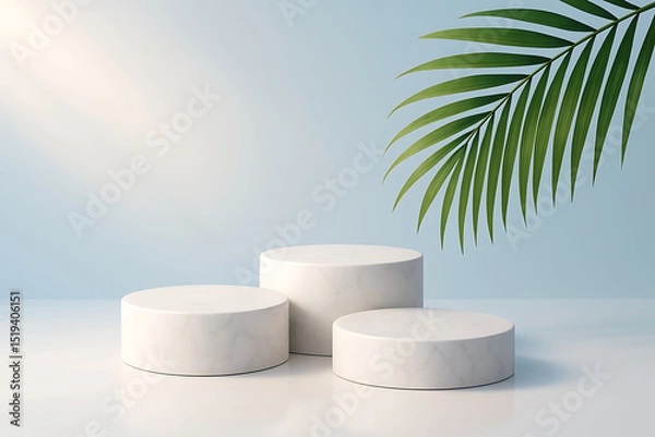 Obraz Minimalist Marble Podium Display with Tropical Leaf and Sunlight Background