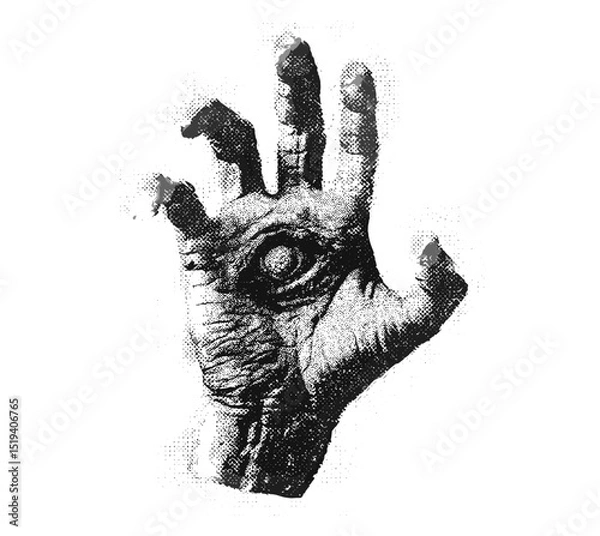 Obraz Vintage stippling photocopy Halloween hand collage, creepy surreal psychedelic poster with grunge dotted texture, experimental horror art, vector illustration, eerie theme, abstract spooky graphic.