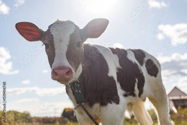 Fototapeta A young calf stands inquisitively in a lush green field, with the warm sunlight illuminating its soft fur against a backdrop of fluffy clouds