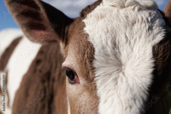 Fototapeta A young cow with distinctive brown and white markings stares intently, showcasing its expressive eye against a clear sky