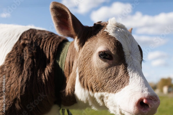 Fototapeta A charming calf with brown and white fur grazes gracefully in a lush green pasture, basking in a bright afternoon sun with fluffy clouds