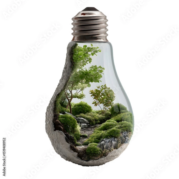 Obraz Eco-friendly light bulb showcasing greenery inside, symbolizes sustainability and innovation, perfect for environmental themes. Isolated on white background or PNG