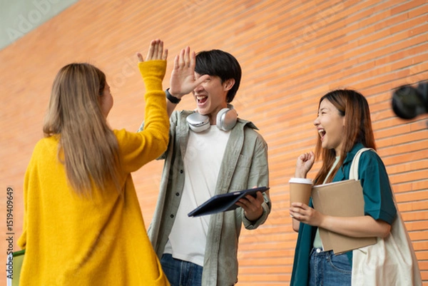 Fototapeta Students at university with fun for learning,Walking,laughing and bonding and talking.asian group of gen z friends student giving high five outdoor with books ready for education at college campus.