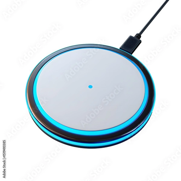 Obraz Wireless charging pad, sleek circular design with blue LED light, ideal for modern tech setups and minimalist aesthetics. Isolated on white background or PNG