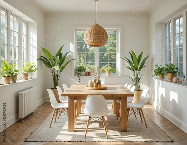 Fototapeta Sunlit dining room with a rectangular oak table, minimalist white chairs, woven plant baskets, and soft greenery adorning windowsills and corners.