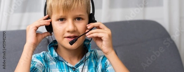 Fototapeta portrait of a little boy using a headset