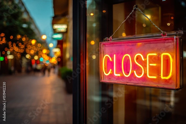Fototapeta Neon closed sign illuminated at night with blurred street and bokeh lights in the background