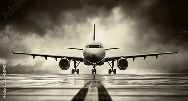 Obraz Black and white photograph of an airplane on the runway, frontal view. Black and white photo with copy space. Airbus A320 plane on the airport apron.
