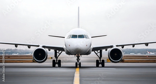 Obraz Black and white photograph of an airplane on the runway, frontal view. Black and white photo with copy space. Airbus A320 plane on the airport apron.
